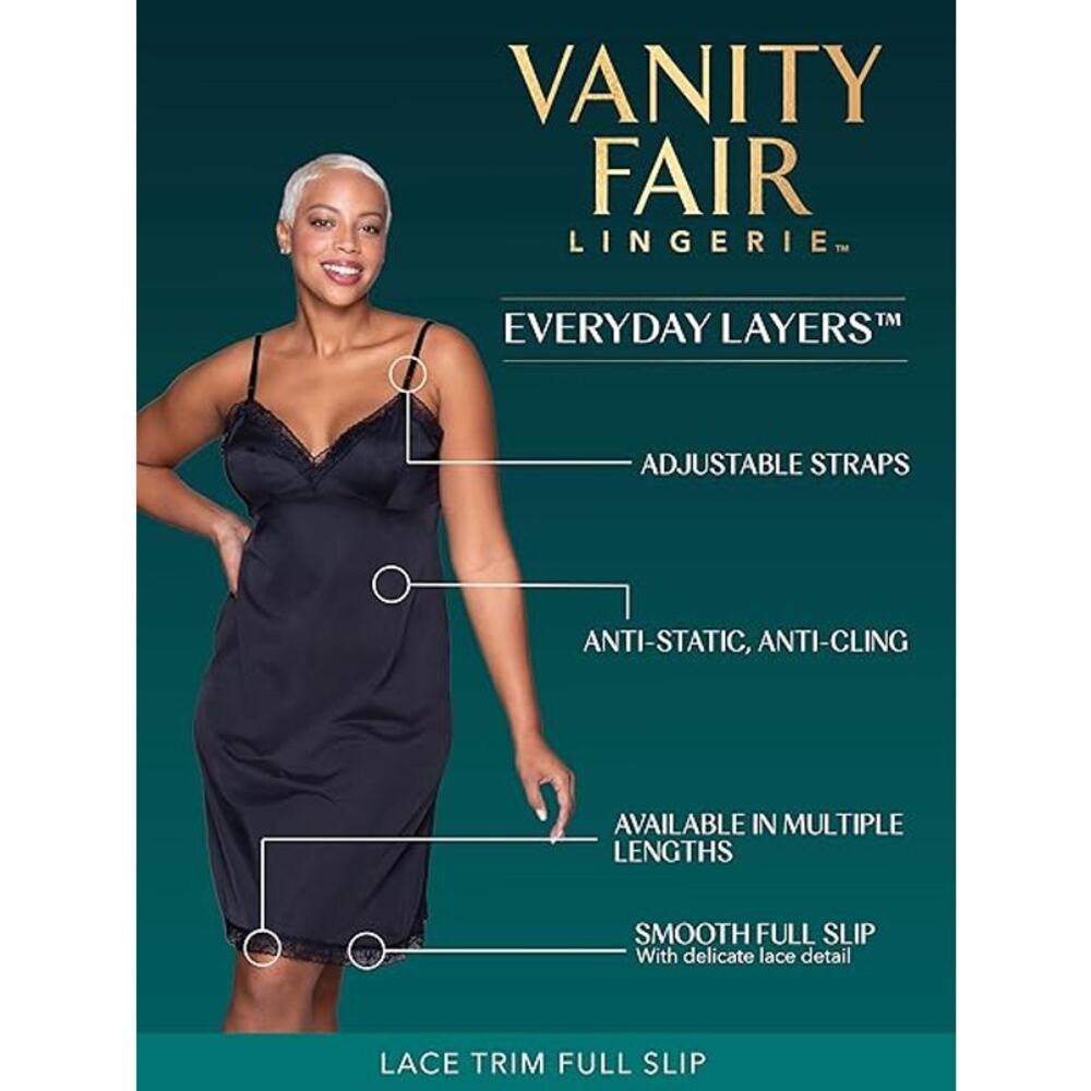 Vanity Fair Womens Large White Lace Trim Anti Static Nylon Adjustable Slip Dress - Picture 5 of 5